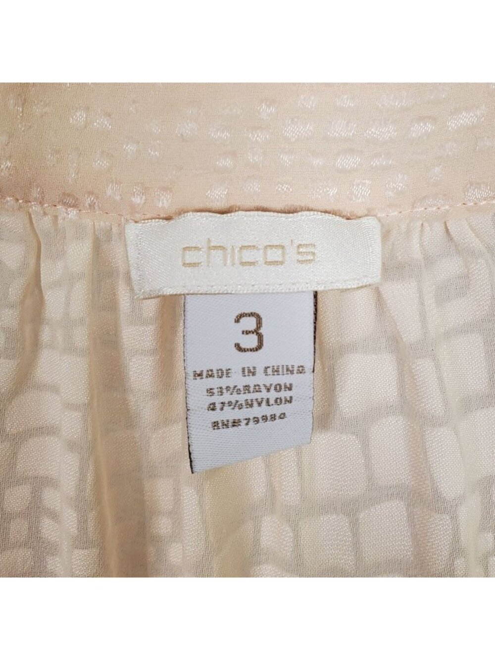 Chicos 3 Size XL Blouse Puff Sleeve Sheer Textured Geometric Flowy Light Blush - Picture 4 of 7